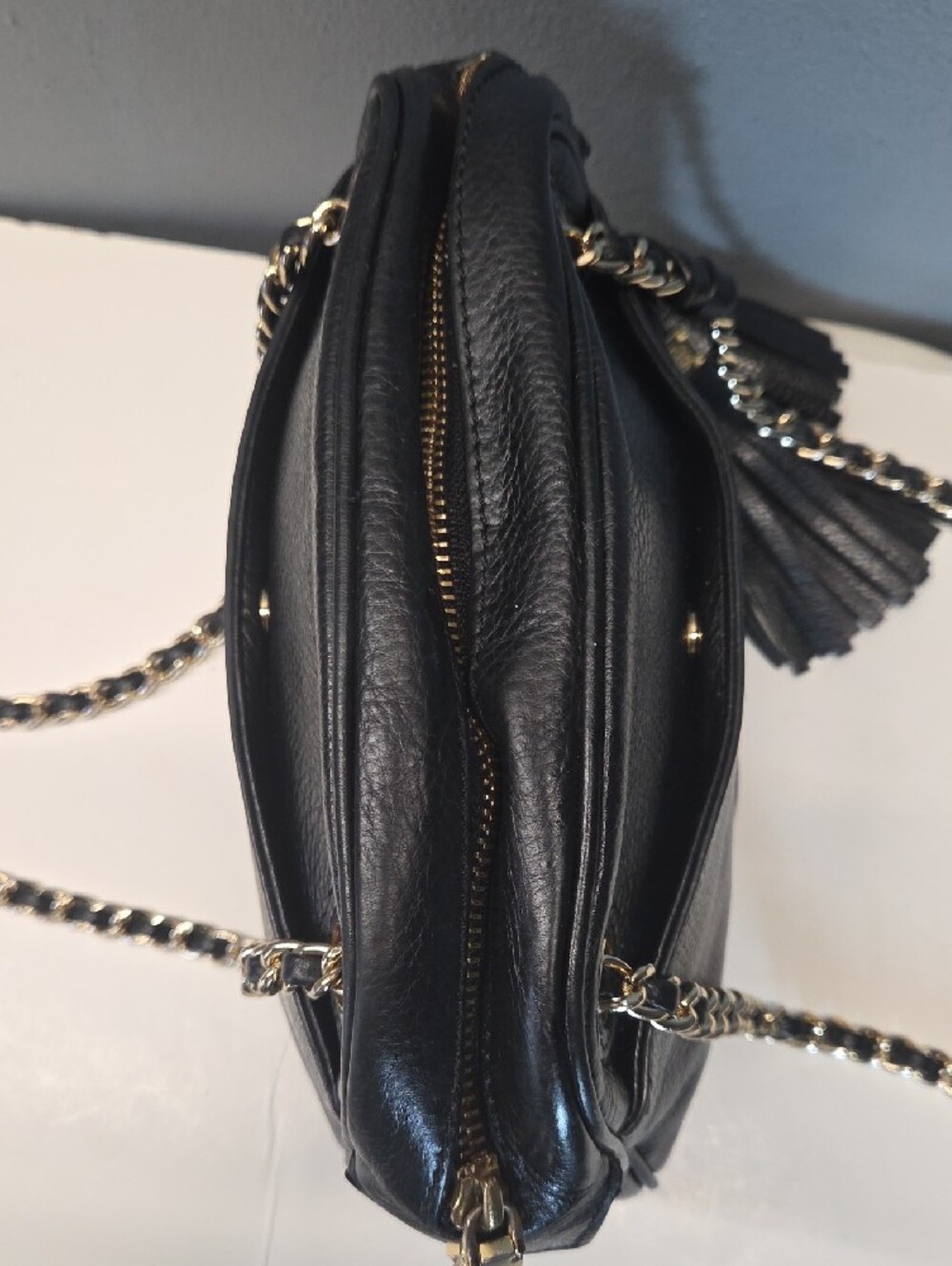 Tory Burch Black Leather Logo Chain Crossbody with Tassel - Picture 7 of 10